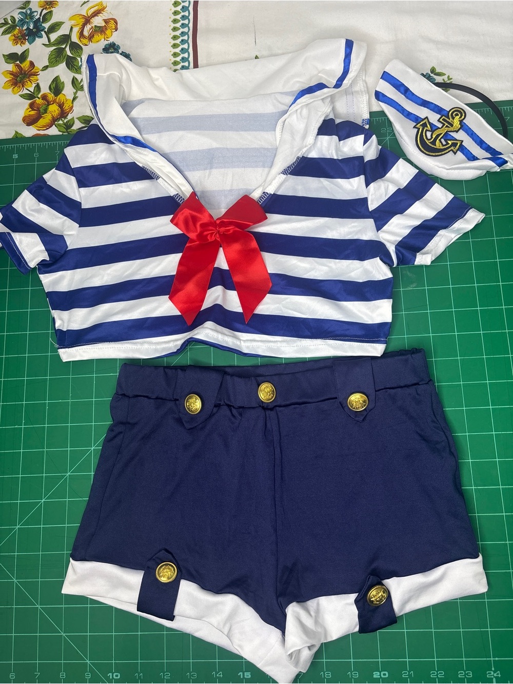 Striped Navy Sailor Crop Top & Shorts Set with Red Bow & Hat Halloween Cosplay